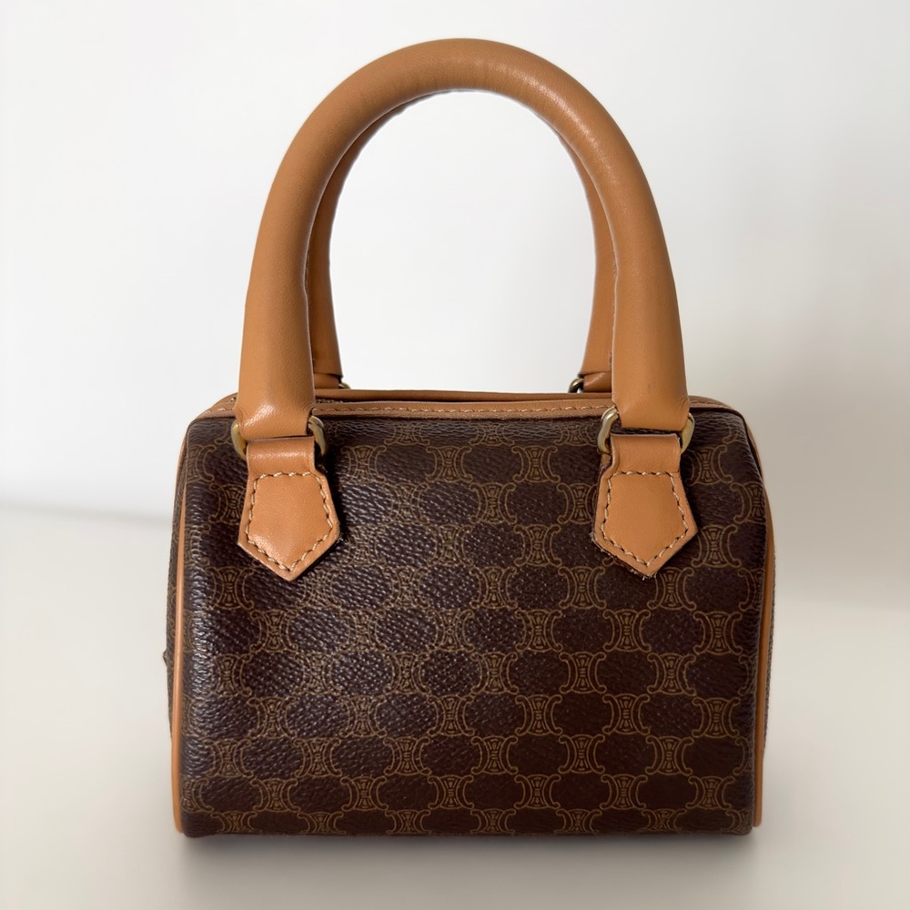 ✨CELINE Vintage Macadam Triomphe Canvas Leather Micro Mini Boston Handbag Brown - Picture 4 of 17